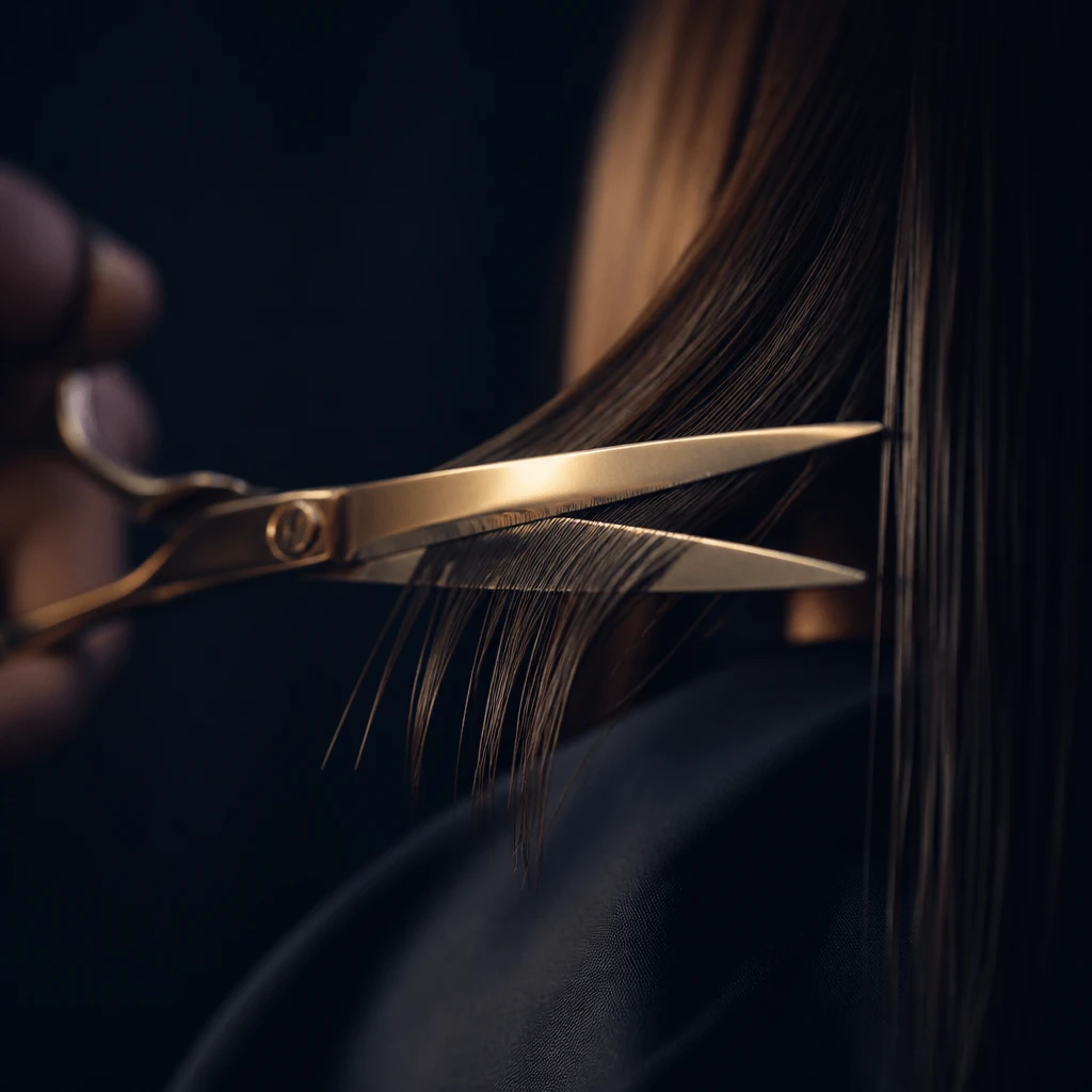 Close-up of scissors gliding through a clean hair section