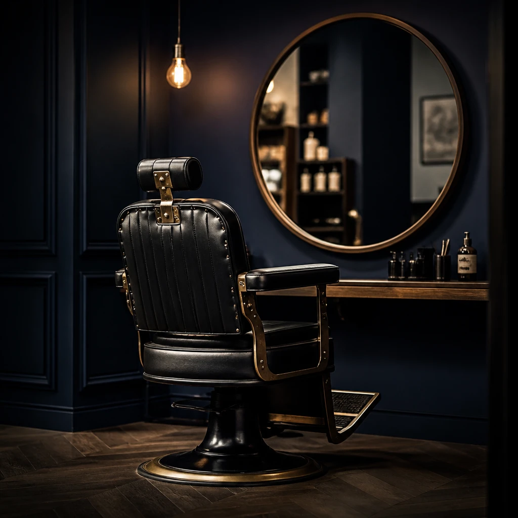 Barber chair and mirror in a moody barbershop interior