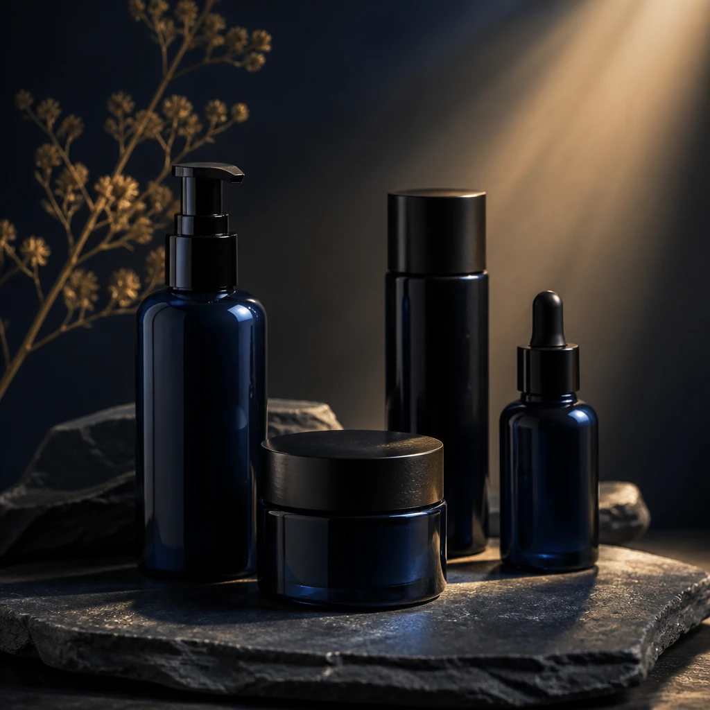 Minimalist arrangement of skin care bottles on stone