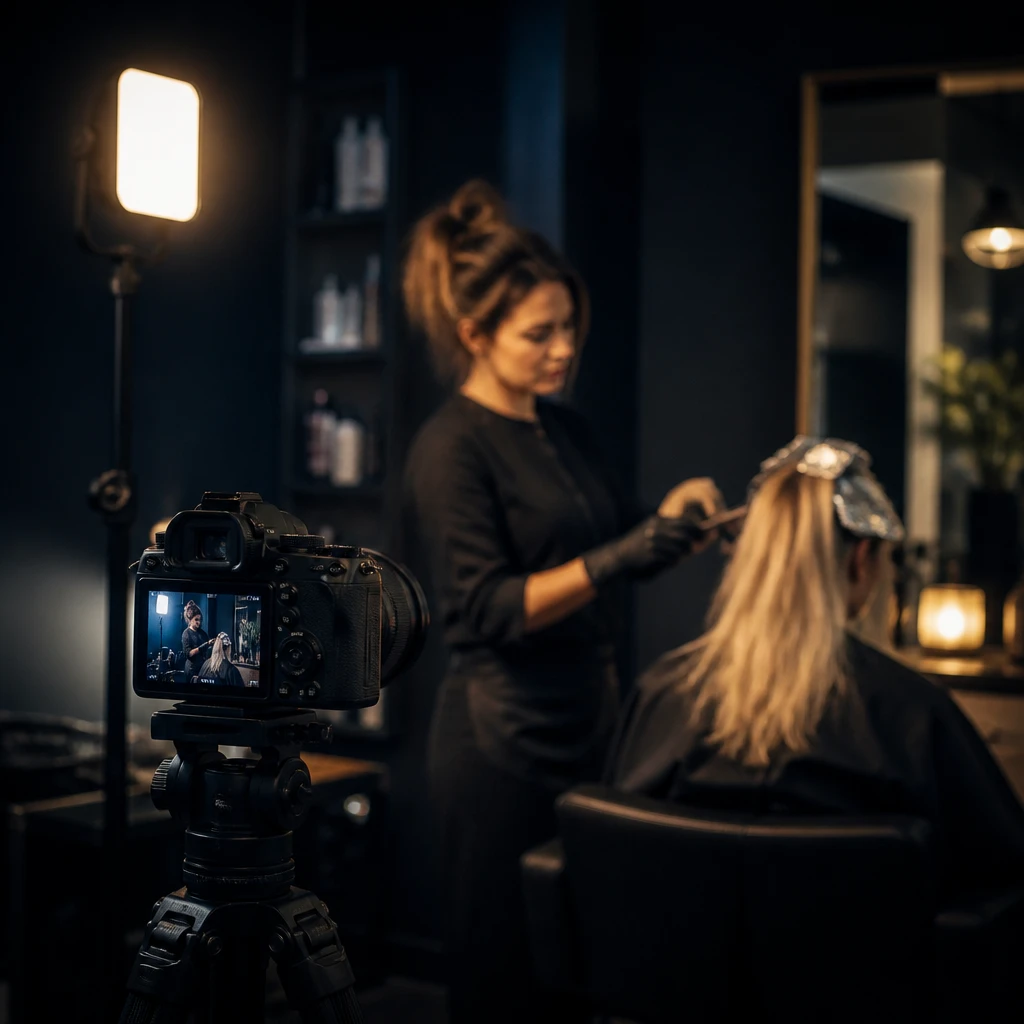 Camera on a tripod filming a salon lesson