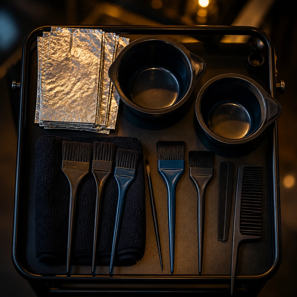 Hair colour brushes and mixing bowls on a trolley