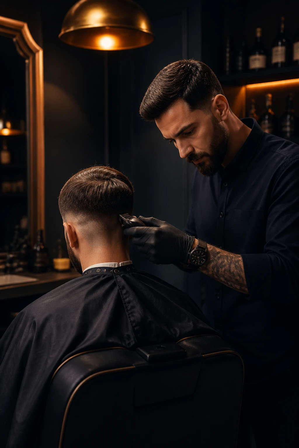 Barber refining a fade with clippers under warm studio light