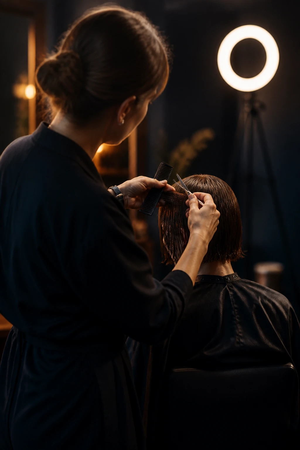 Stylist demonstrating a haircut on camera during an online lesson