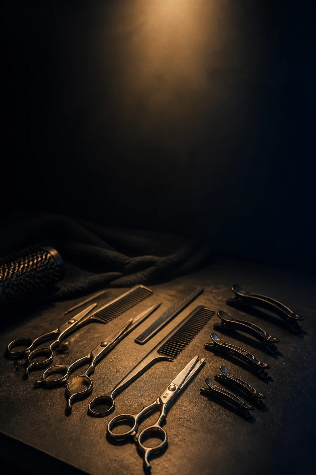 Professional scissors and combs arranged on a dark salon workstation