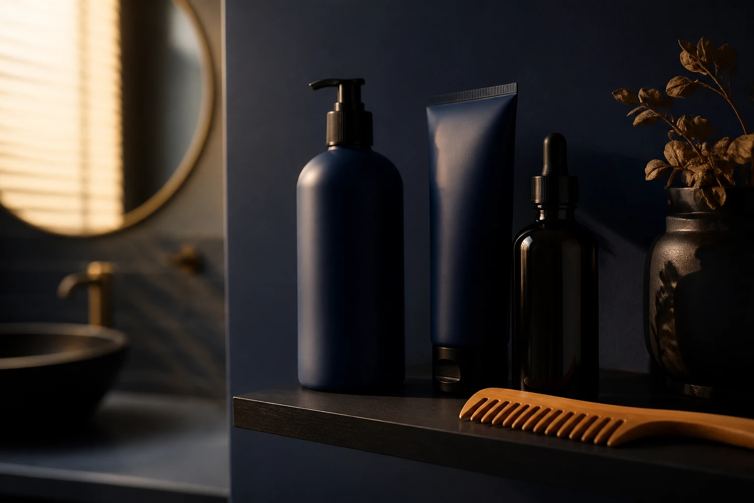 Hair care products and a wide-tooth comb on a bathroom shelf
