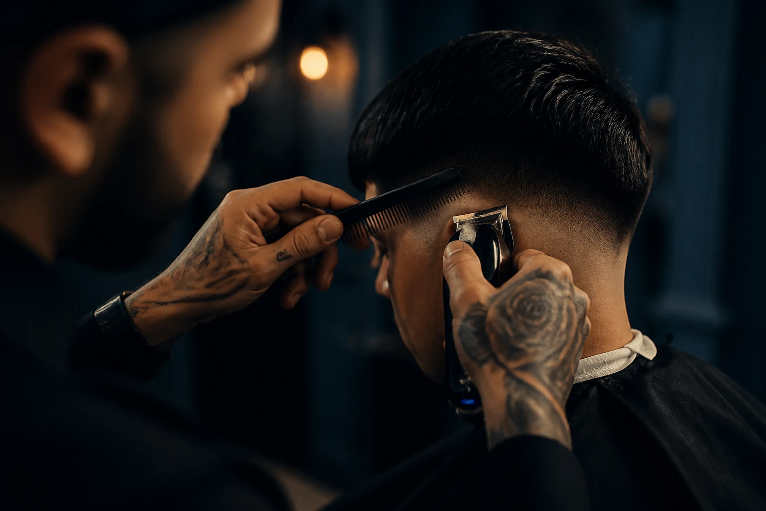 Barber blending a fade with clippers and a comb