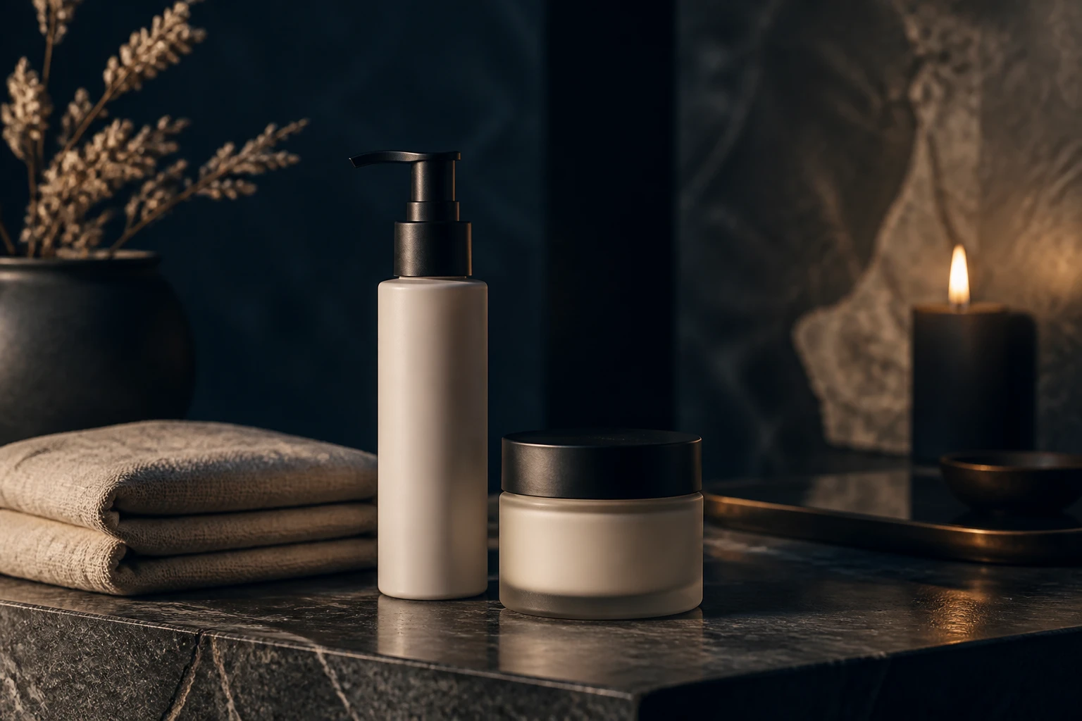Gentle cleanser and moisturiser beside a folded towel