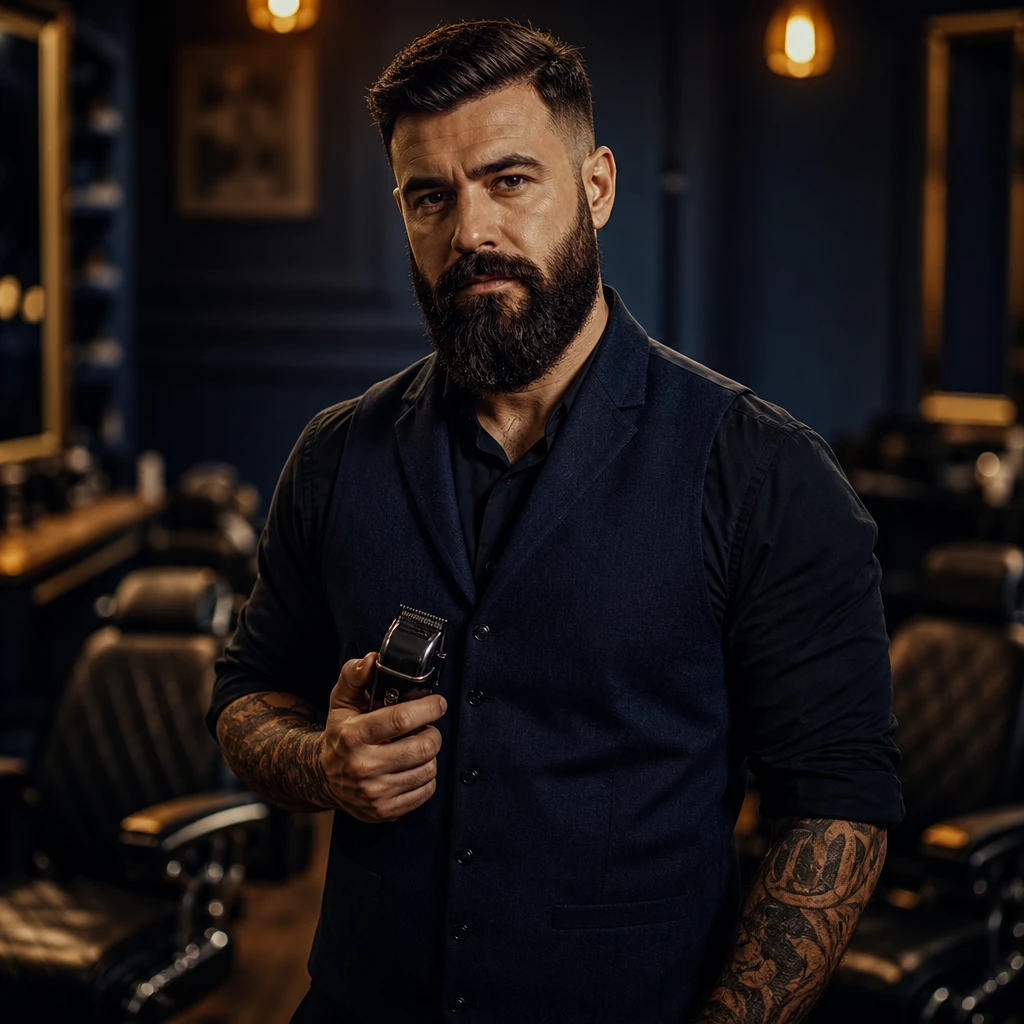 Barbering tutor holding clippers in a barbershop