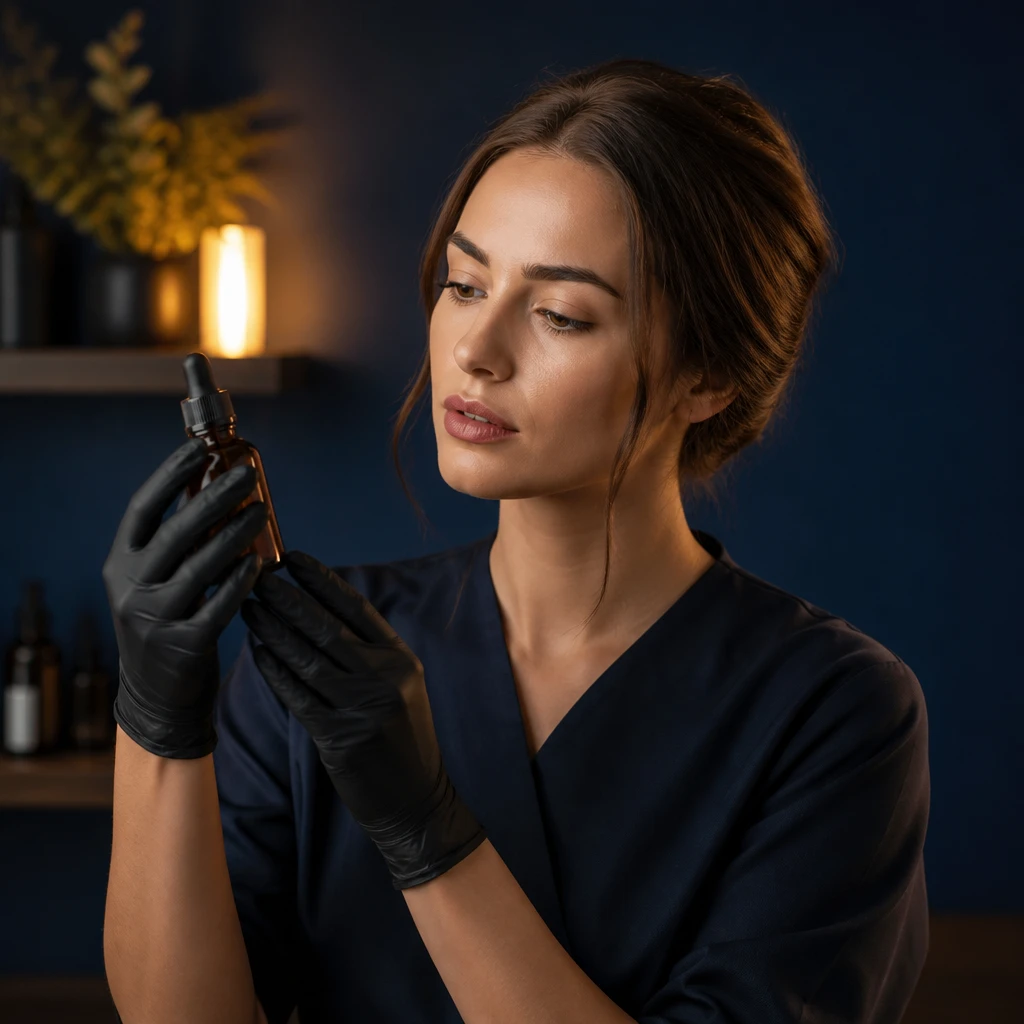 Cosmetology tutor examining skin care products at a bright table