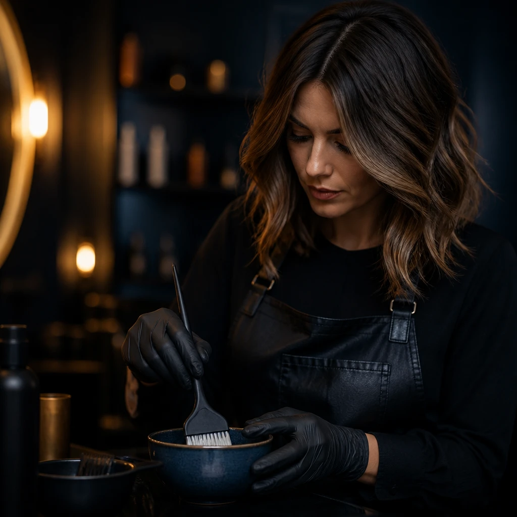Colour specialist mixing hair dye in a ceramic bowl